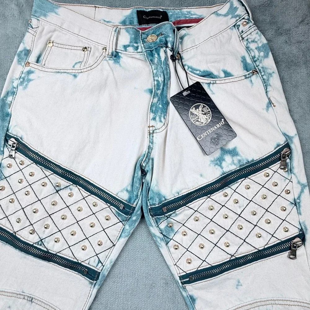 Centenario Mens Acid Wash Biker Jeans White Blue Studded Quilted 34x32 NWT